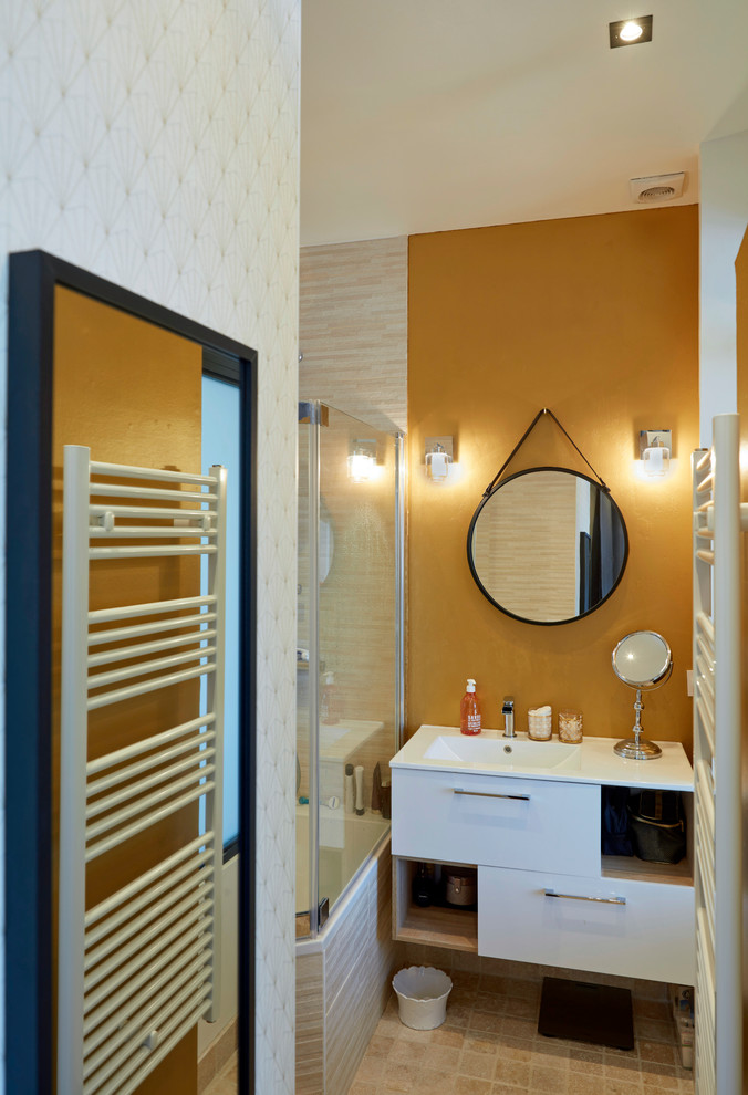 Inspiration for a small contemporary ensuite bathroom in Other with open cabinets, white cabinets, a corner bath, beige tiles, ceramic tiles, yellow walls, ceramic flooring, an integrated sink, solid surface worktops and beige floors.