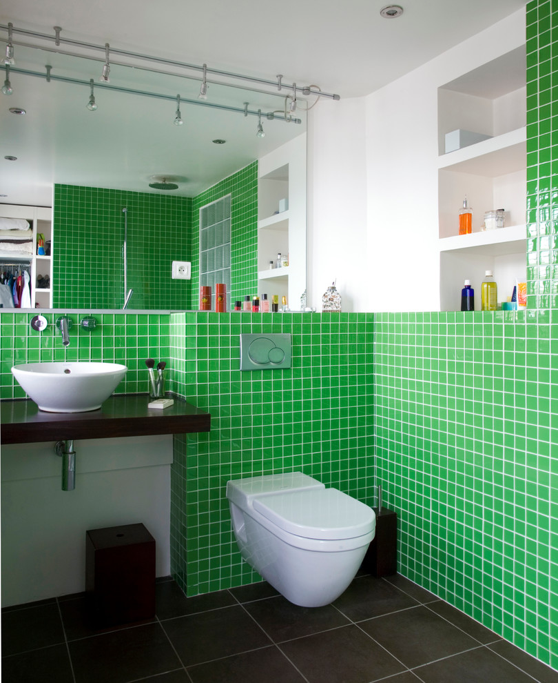 Medium sized contemporary shower room bathroom in Paris with a vessel sink, a wall mounted toilet, green tiles, mosaic tiles, white walls and a walk-in shower.