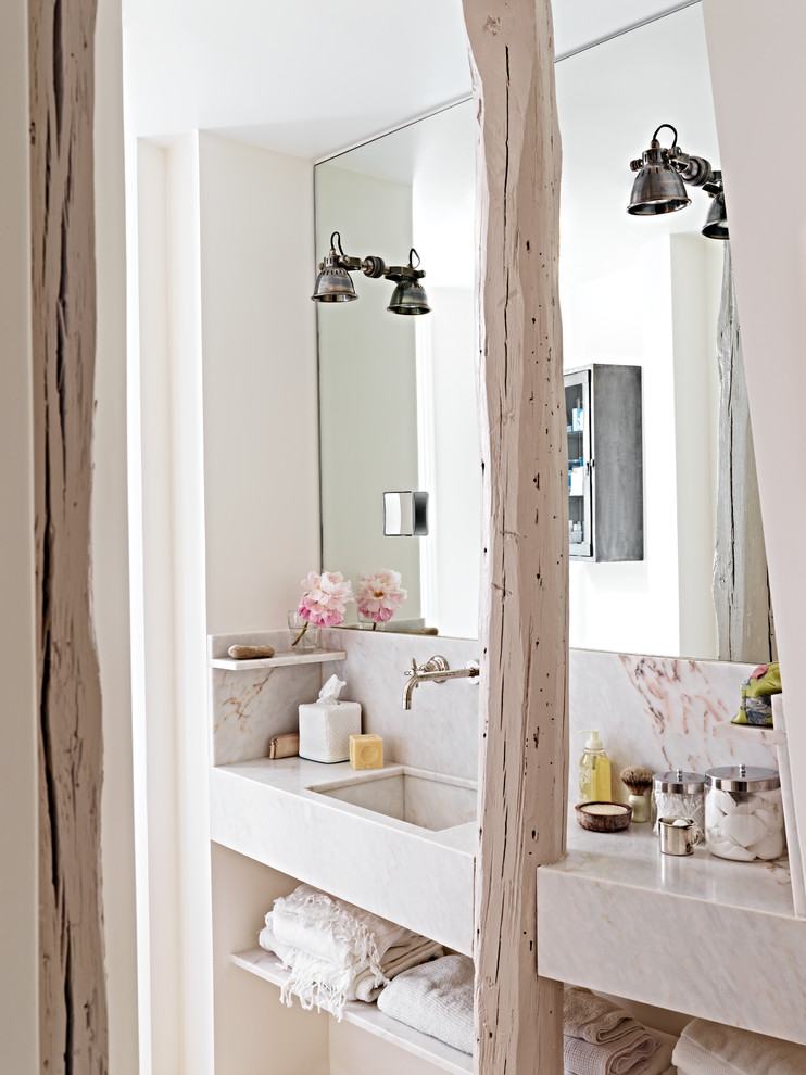 Mid-sized cottage chic master bathroom photo in Paris with open cabinets, white walls and an undermount sink