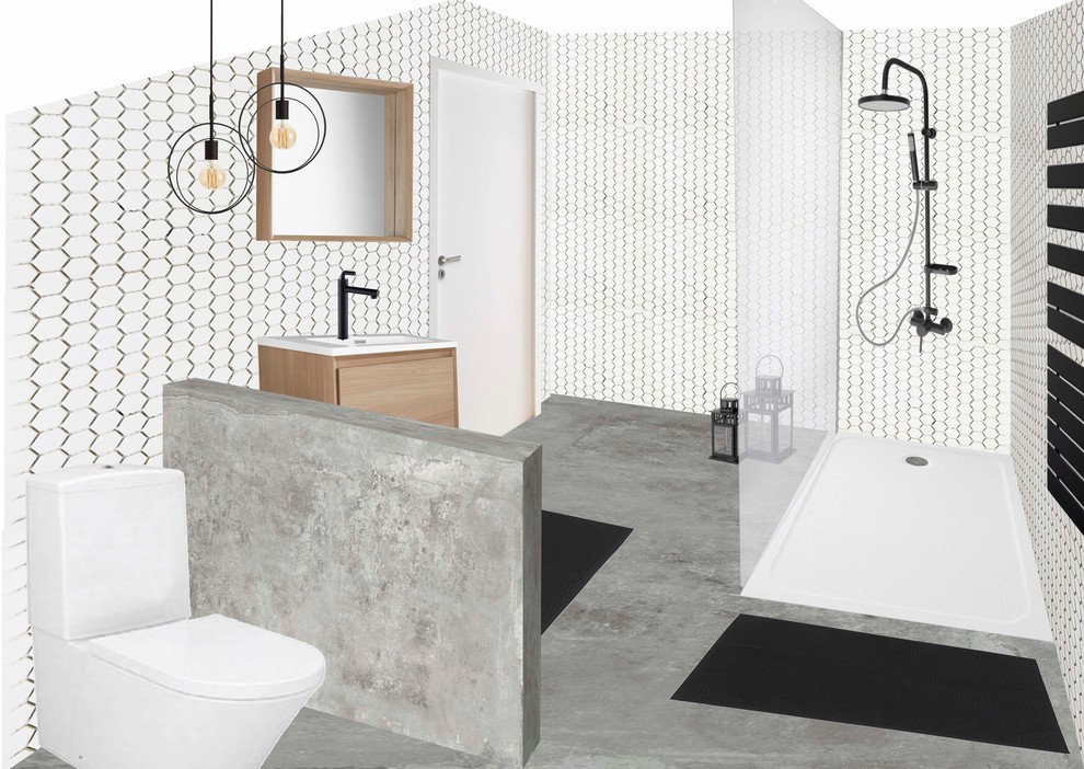 Maritim inredning av ett litet badrum med dusch, med en kantlös dusch, vit kakel, mosaik, vita väggar, grått golv, med dusch som är öppen, en toalettstol med hel cisternkåpa, vinylgolv och ett konsol handfat