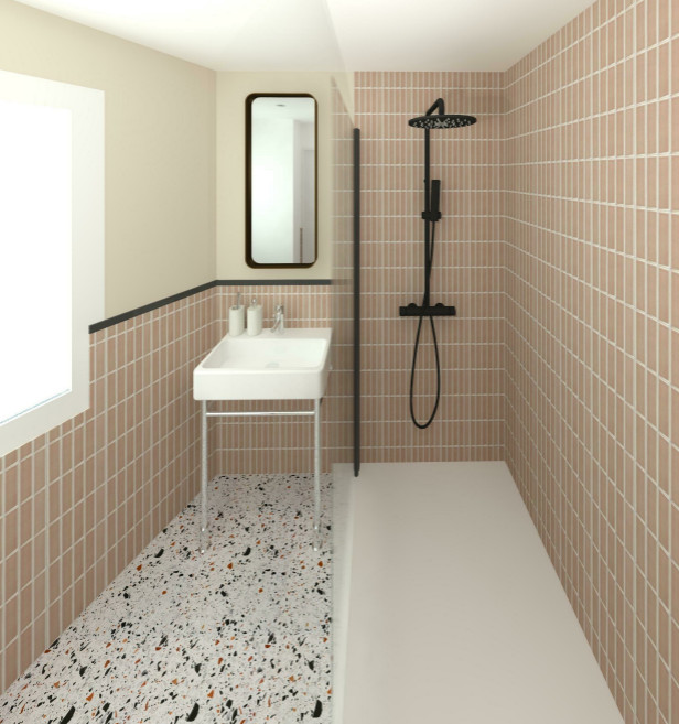 Modelo de cuarto de baño retro pequeño con ducha a ras de suelo, paredes rosas, suelo de terrazo y aseo y ducha