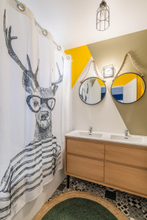 75 photos et idées déco de salles de bain avec une cabine de douche avec un  rideau et meuble double vasque - Août 2023 | Houzz FR