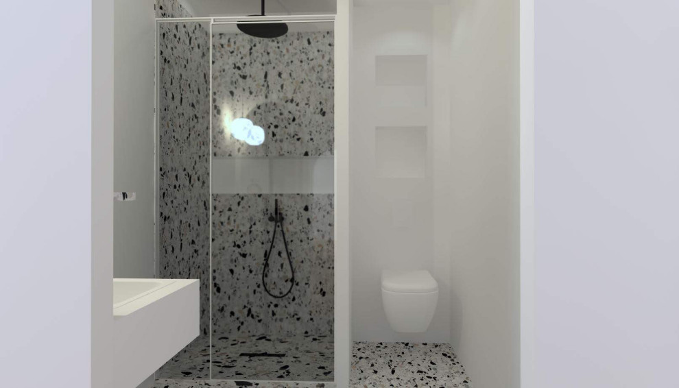 Esempio di una piccola stanza da bagno con doccia minimal con doccia a filo pavimento, WC sospeso, pavimento alla veneziana, lavabo a consolle, porta doccia a battente, top bianco, nicchia e un lavabo