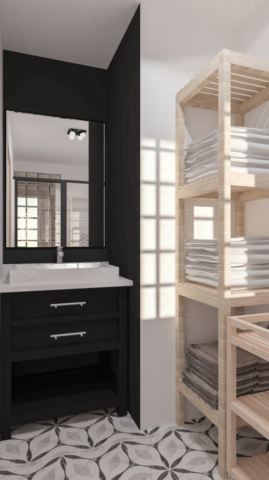Walk-in shower - mid-sized industrial master black tile and cement tile cement tile floor, white floor and single-sink walk-in shower idea in Lyon with open cabinets, light wood cabinets, a one-piece toilet, white walls, a pedestal sink, a hinged shower door, a niche and a freestanding vanity