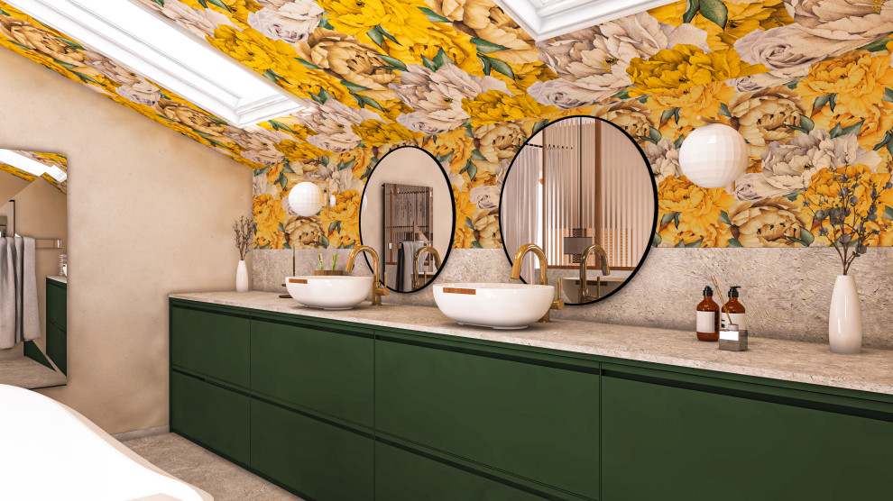 Aménagement d'une salle de bain campagne de taille moyenne avec une baignoire sur pieds, un carrelage gris, du carrelage en pierre calcaire, un mur jaune, parquet clair, un lavabo posé, un sol gris, meuble double vasque et du papier peint.