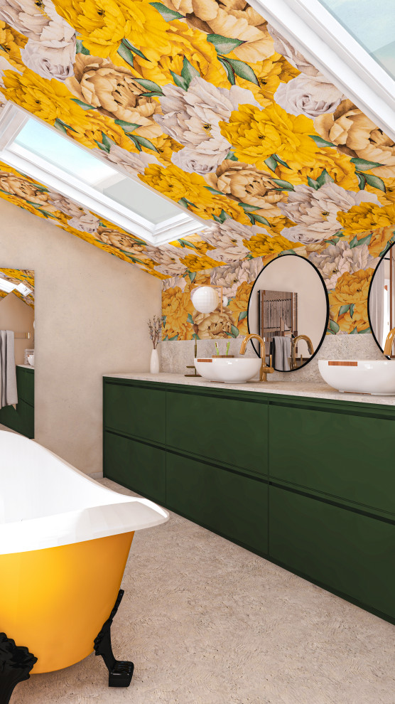 Inspiration pour une salle de bain principale et grise et jaune design de taille moyenne avec une baignoire sur pieds, un mur jaune, parquet clair, un lavabo posé, un sol gris, meuble double vasque, du papier peint, un placard à porte plane, des portes de placards vertess, un carrelage gris, un plan de toilette gris et meuble-lavabo encastré.