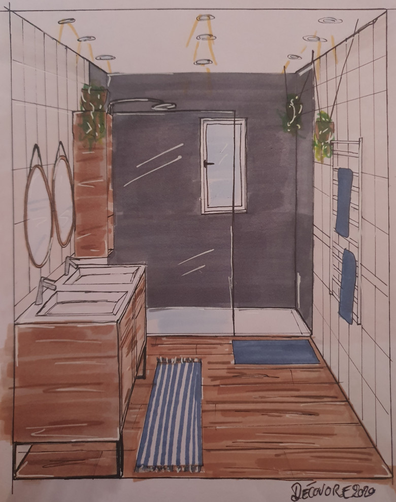 Foto de cuarto de baño actual pequeño con ducha a ras de suelo y aseo y ducha