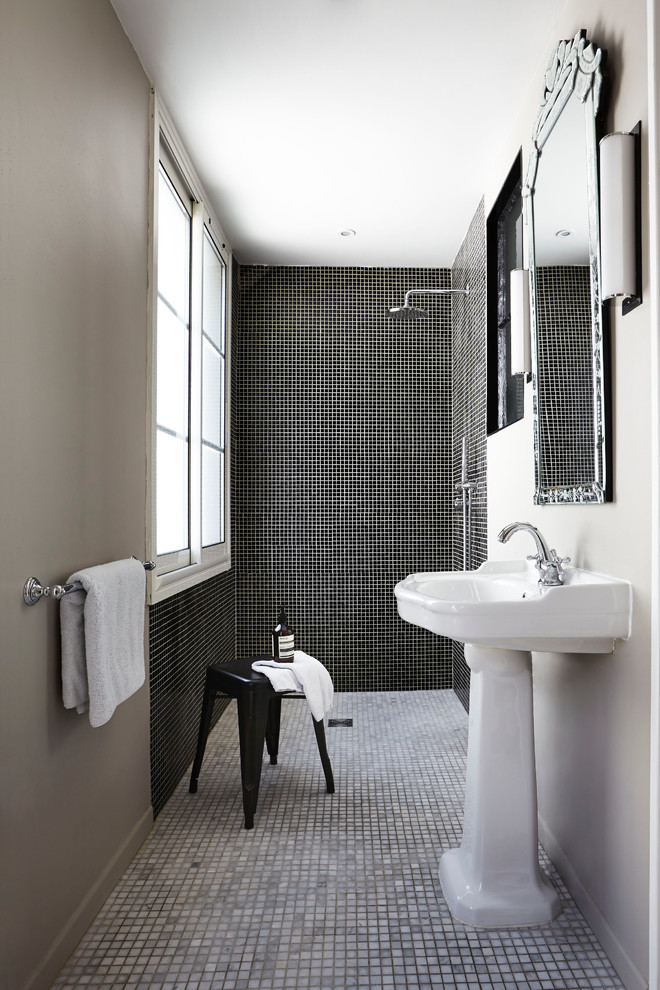 Photo of a small contemporary shower room bathroom in Paris with open cabinets, a built-in shower, mosaic tiles, grey walls, marble flooring and a pedestal sink.
