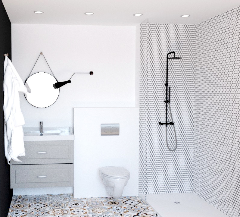 Photo of a small scandi ensuite bathroom in Other with a walk-in shower, a wall mounted toilet, white tiles, mosaic tiles, white walls, cement flooring, a wall-mounted sink, tiled worktops, multi-coloured floors, an open shower and white worktops.