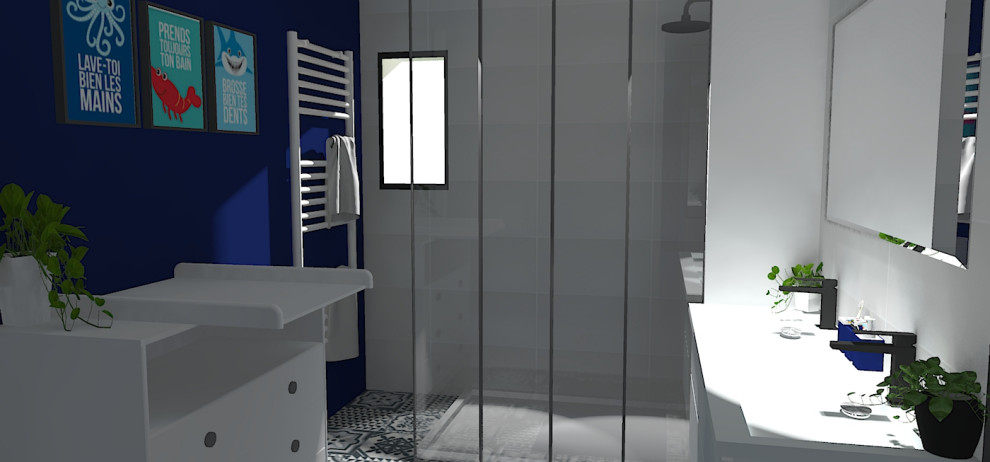 This is an example of a small industrial family bathroom in Other with white cabinets, a walk-in shower, white tiles, ceramic tiles, cement flooring, a wall-mounted sink, grey floors, an open shower, white worktops, a floating vanity unit and a wood ceiling.