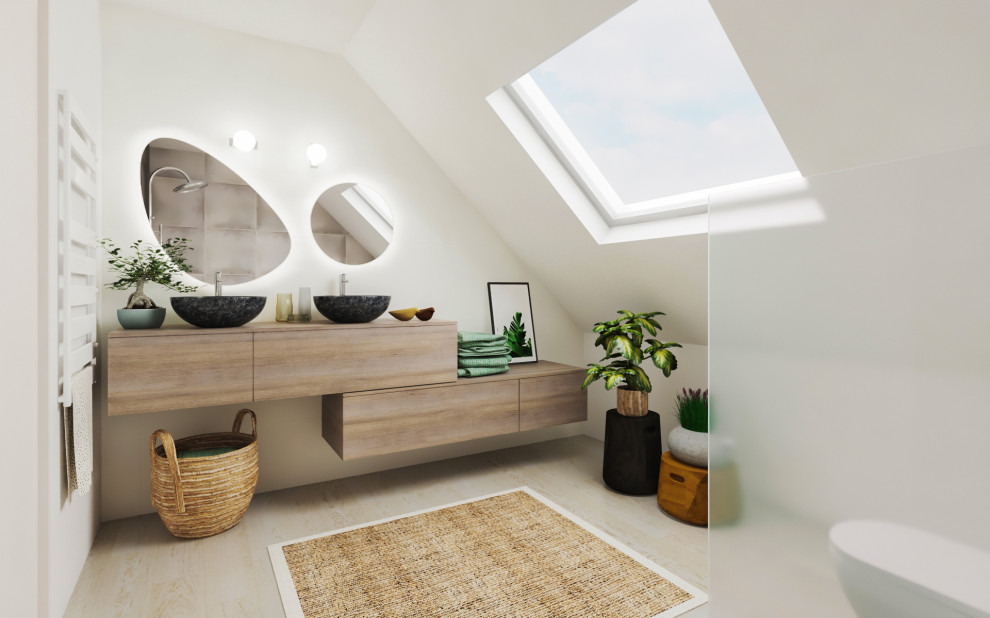 Exempel på ett litet modernt beige beige en-suite badrum, med släta luckor, beige skåp, en kantlös dusch, en vägghängd toalettstol, vit kakel, keramikplattor, vita väggar, ljust trägolv, ett nedsänkt handfat, träbänkskiva och beiget golv