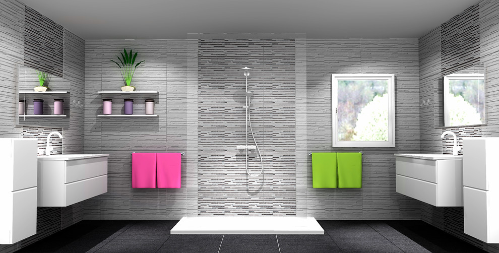Cette image montre une salle d'eau design de taille moyenne avec une douche ouverte, des carreaux de céramique, un sol en ardoise et un plan vasque.