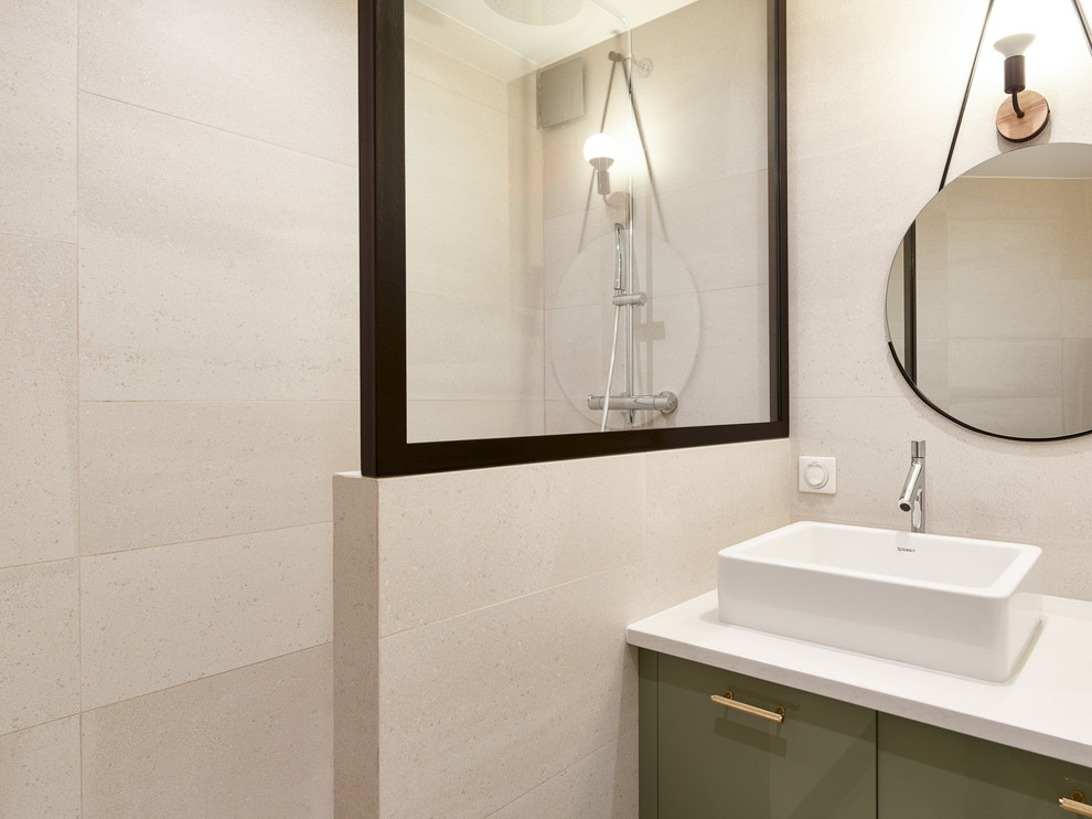 Large contemporary ensuite bathroom in Paris with green cabinets, a walk-in shower, beige tiles, ceramic tiles, beige walls, ceramic flooring, a built-in sink, quartz worktops and beige floors.