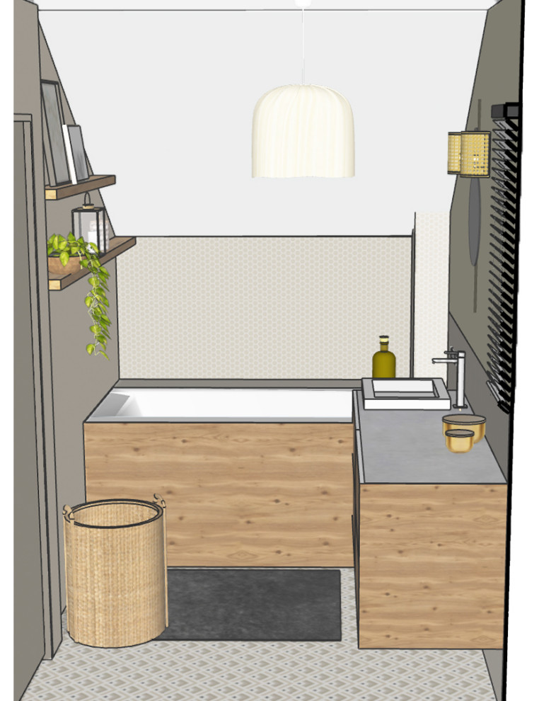 Foto di una piccola stanza da bagno padronale scandinava con piastrelle verdi, un lavabo e mobile bagno sospeso