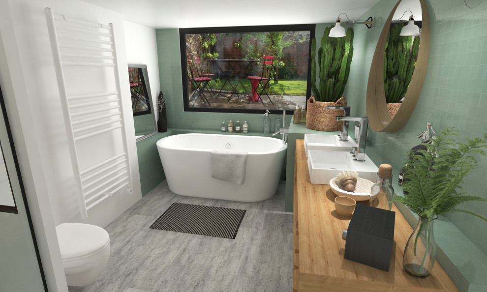 Photo of a small ensuite bathroom in Paris with a built-in bath, a built-in shower, green tiles, green walls, lino flooring, a vessel sink, wooden worktops, a hinged door and double sinks.