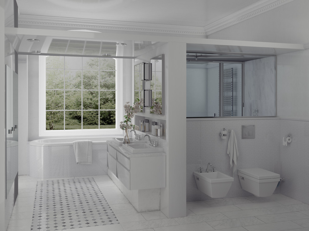 Inredning av ett klassiskt mycket stort en-suite badrum, med ett nedsänkt handfat, bänkskiva i onyx, ett undermonterat badkar, en kantlös dusch, en toalettstol med separat cisternkåpa, blå kakel, vita väggar och marmorgolv
