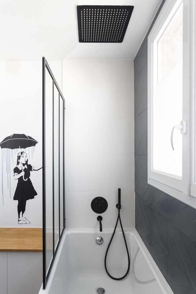 Large urban master black tile and ceramic tile ceramic tile, gray floor and single-sink bathroom photo in Paris with flat-panel cabinets, brown cabinets, white walls, a vessel sink, wood countertops, a hinged shower door, brown countertops and a floating vanity