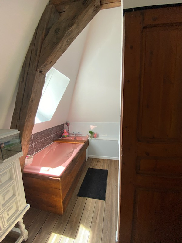 Cette image montre une petite salle de bain principale bohème avec une baignoire posée, WC à poser, un carrelage rose, des carreaux de céramique, un mur blanc, parquet clair, un lavabo de ferme et meuble simple vasque.