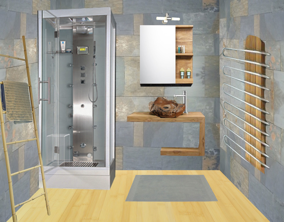 Kleines Modernes Badezimmer mit farbigen Fliesen, Schieferfliesen, bunten Wänden, Wandwaschbecken, Waschtisch aus Holz und brauner Waschtischplatte in Paris