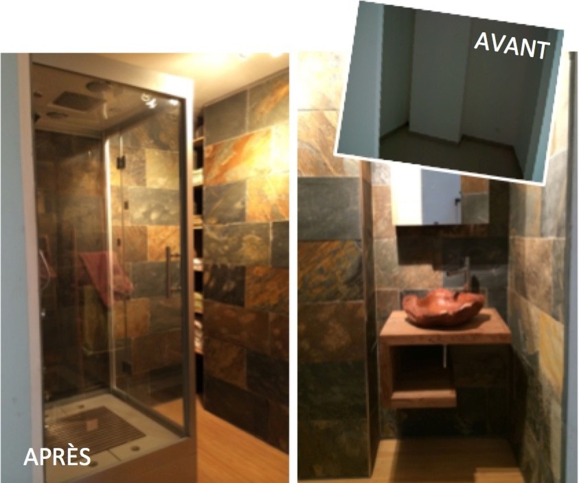 Idéer för att renovera ett litet funkis brun brunt badrum, med flerfärgad kakel, skifferkakel, flerfärgade väggar, ett väggmonterat handfat och träbänkskiva