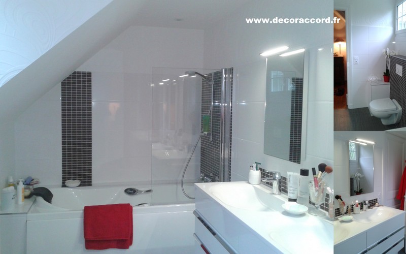 Idéer för små funkis en-suite badrum, med vita skåp, ett undermonterat badkar, en vägghängd toalettstol, vit kakel, keramikplattor, vita väggar, linoleumgolv, ett konsol handfat och bänkskiva i akrylsten
