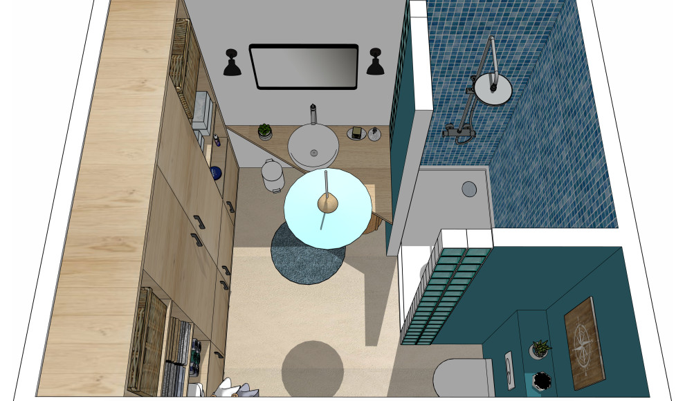 Imagen de cuarto de baño único marinero de tamaño medio con puertas de armario beige, ducha a ras de suelo, sanitario de pared, paredes azules, suelo de cemento, aseo y ducha, lavabo encastrado, suelo beige y ducha abierta