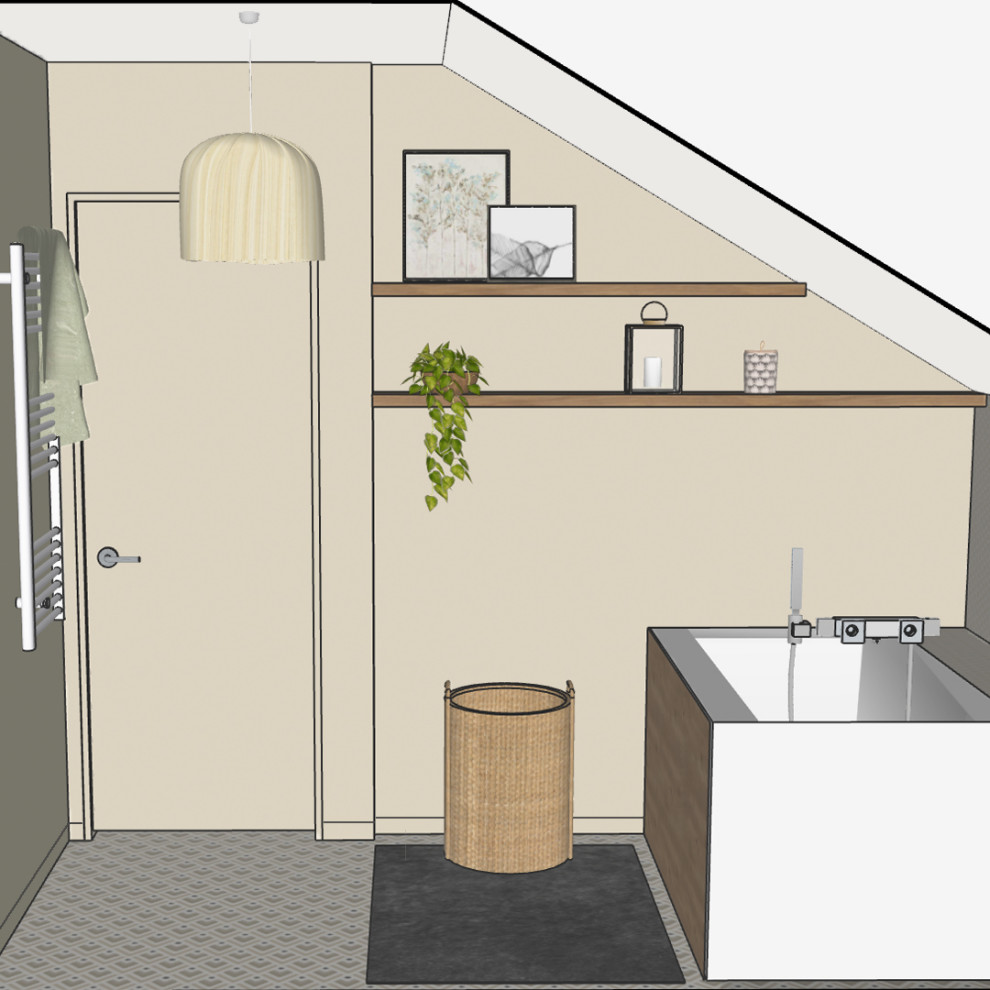 Inredning av ett minimalistiskt litet en-suite badrum, med grön kakel