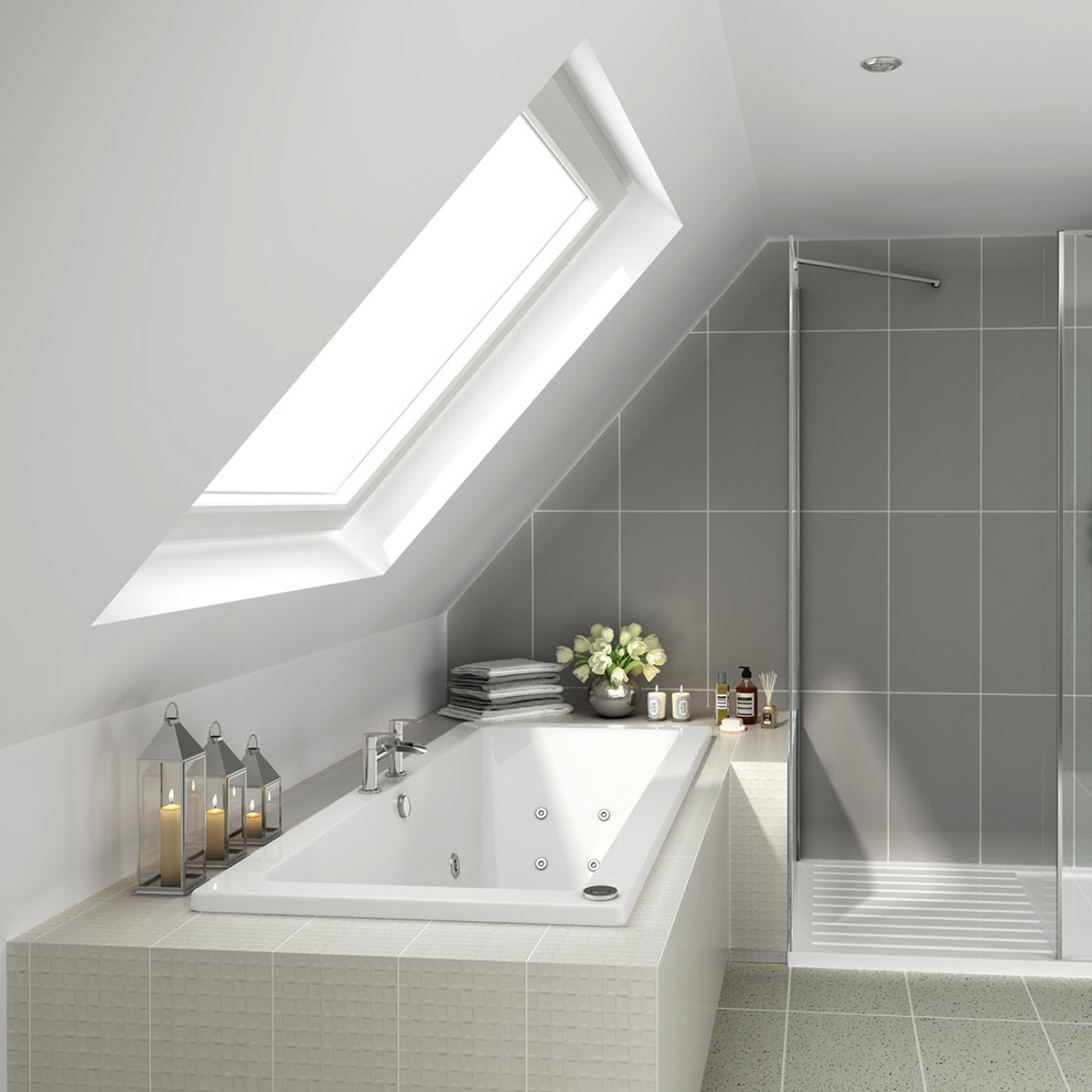 Inspiration for a modern bathroom in West Midlands with an open shower.