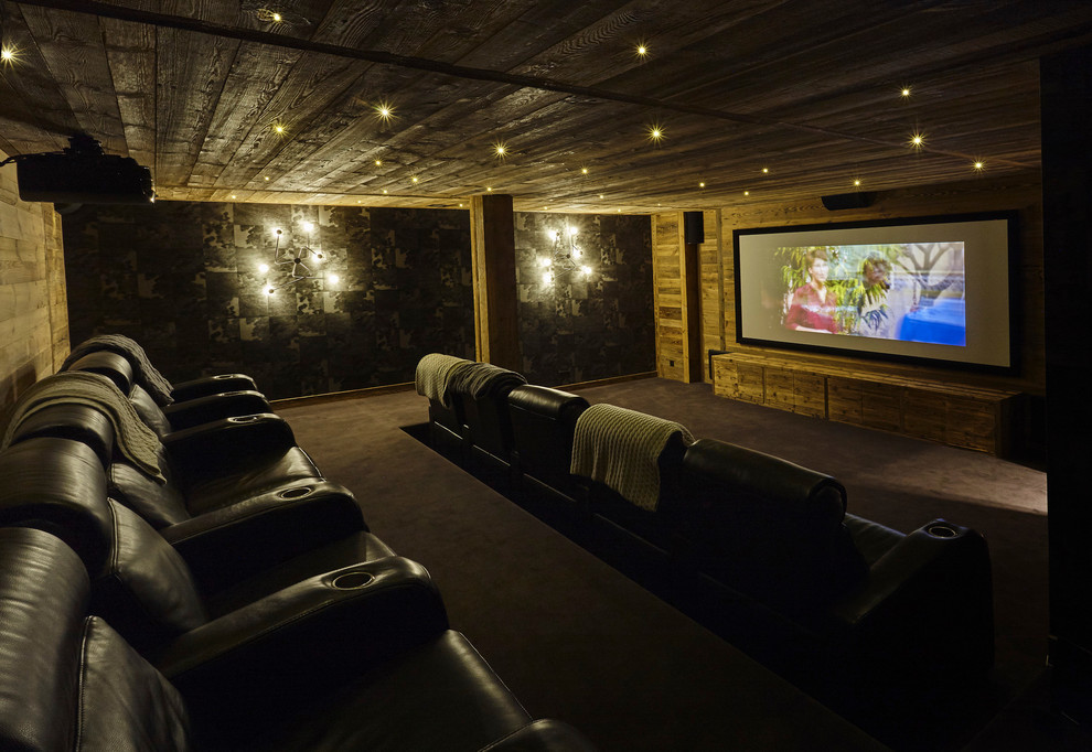 Cette photo montre une grande salle de cinéma montagne fermée avec moquette, un écran de projection et un mur marron.