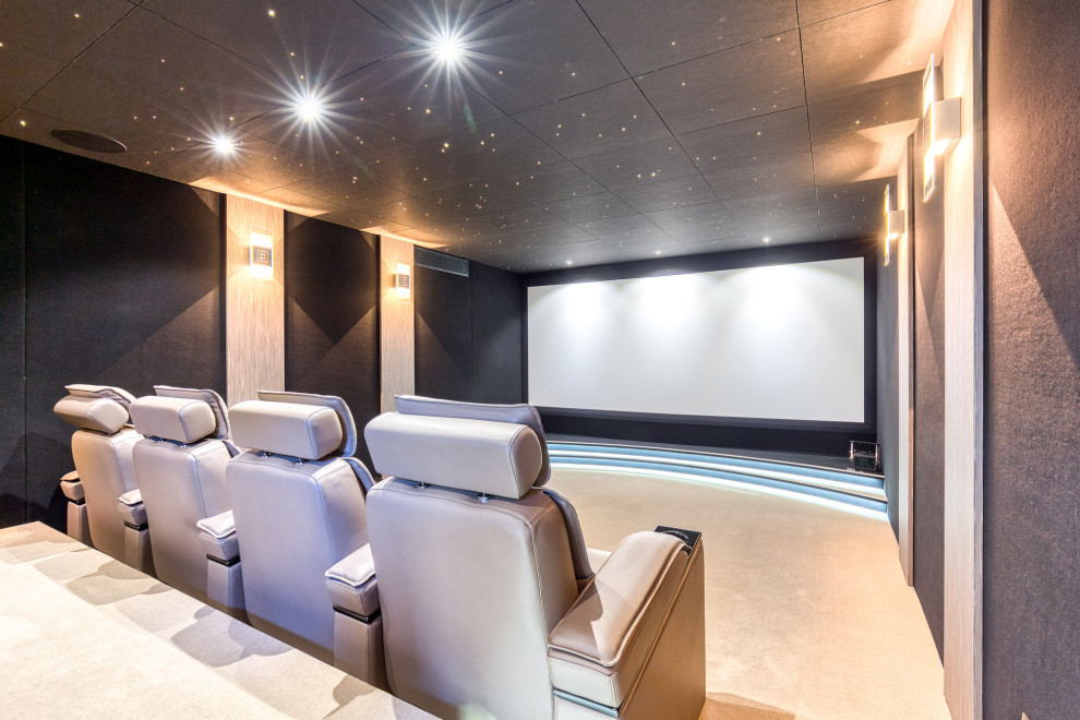 Cette photo montre une salle de cinéma tendance fermée avec un mur noir, moquette, un écran de projection et un sol beige.
