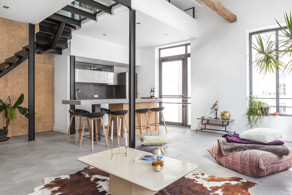 Großes, Offenes Modernes Wohnzimmer ohne Kamin mit weißer Wandfarbe und Betonboden in Paris