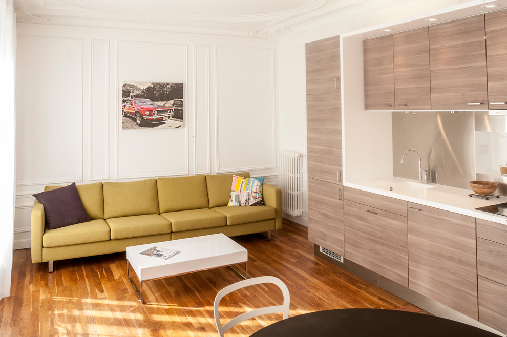 Mittelgroßes, Offenes Modernes Wohnzimmer ohne Kamin mit weißer Wandfarbe und braunem Holzboden in Paris