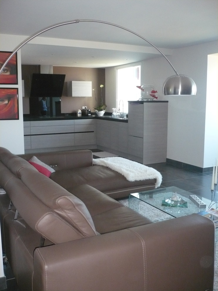 Modelo de sala de estar minimalista grande con paredes blancas y suelo de baldosas de terracota
