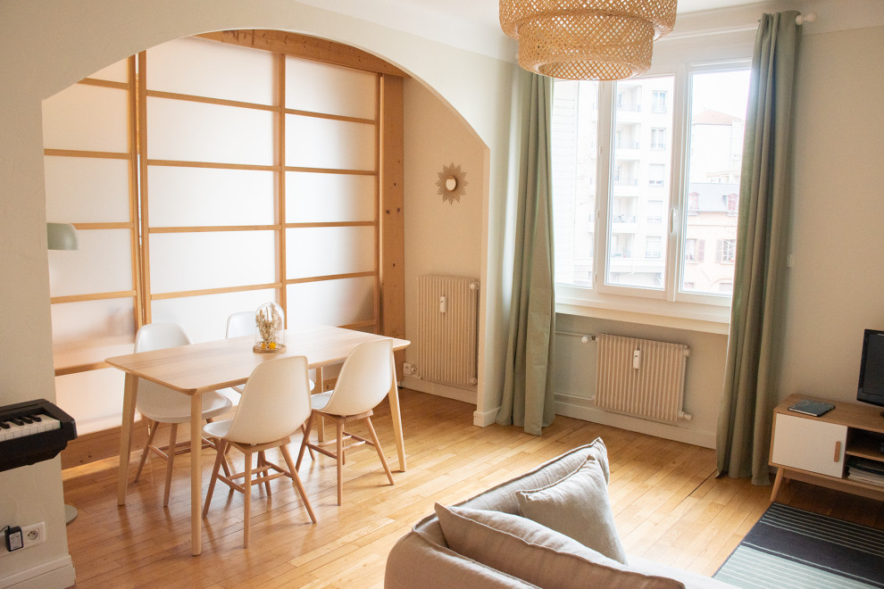 Mittelgroßes, Offenes Nordisches Wohnzimmer ohne Kamin mit grüner Wandfarbe, dunklem Holzboden und freistehendem TV in Lyon