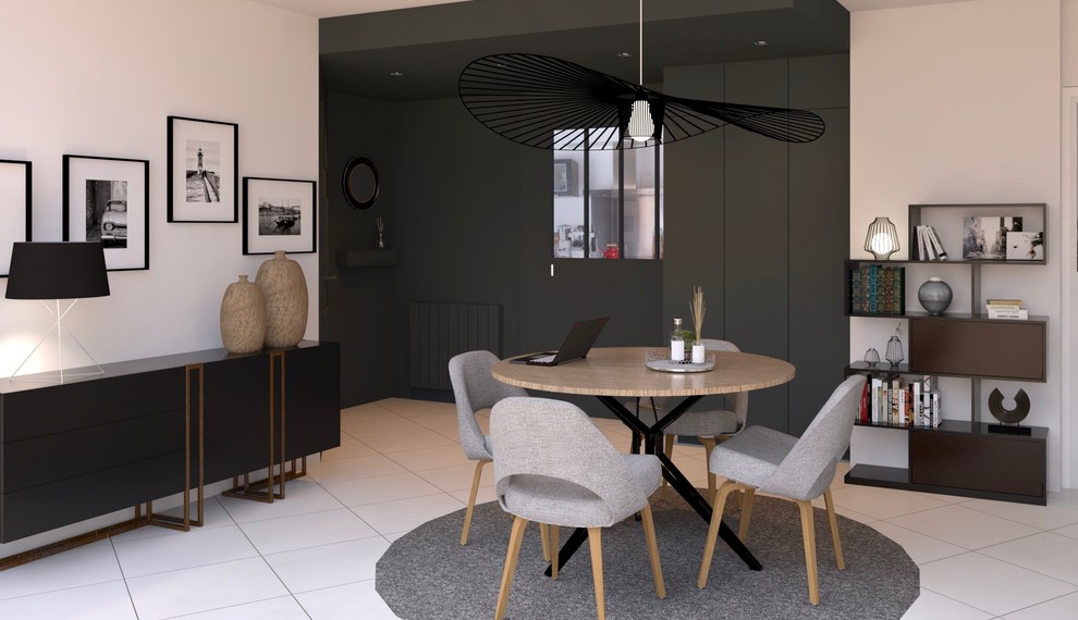 Design ideas for a medium sized contemporary enclosed games room in Nantes with white walls, ceramic flooring, a corner fireplace, a stone fireplace surround, a freestanding tv and white floors.