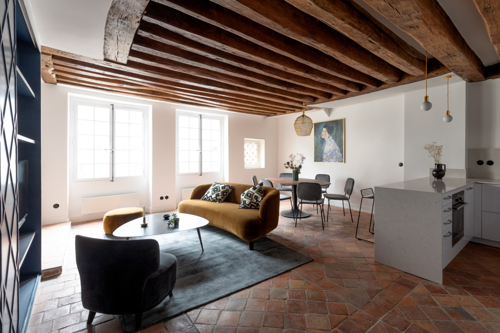 パリにあるお手頃価格の中くらいなコンテンポラリースタイルのおしゃれなオープンリビング (白い壁、テラコッタタイルの床、標準型暖炉、タイルの暖炉まわり、内蔵型テレビ、赤い床) の写真