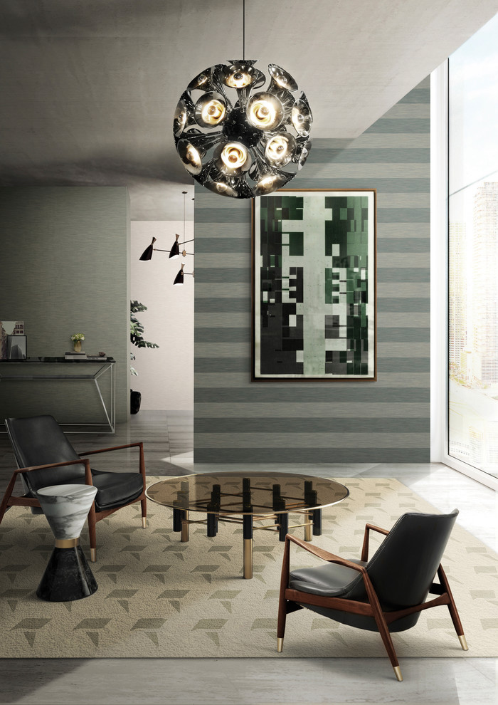 Inspiration pour une grande salle de séjour vintage ouverte avec un mur vert, un sol en marbre et un sol gris.