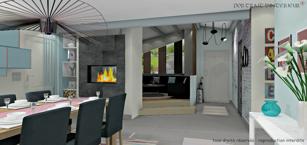 Photo of a large contemporary open plan games room in Angers with beige walls, ceramic flooring, a two-sided fireplace, a concrete fireplace surround and no tv.
