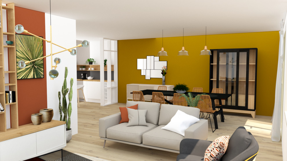 Idée de décoration pour une grande salle de séjour minimaliste ouverte avec un mur jaune, parquet clair, aucune cheminée et un sol marron.