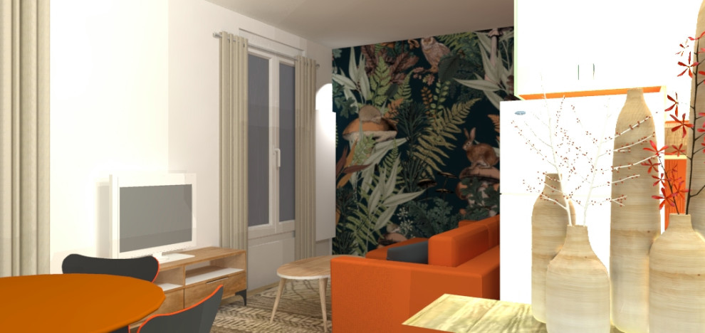 Idee per un grande soggiorno design aperto con angolo bar, pareti multicolore, pavimento in compensato, nessun camino, TV autoportante, pavimento beige e carta da parati