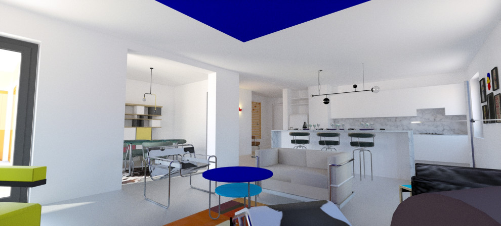 Ejemplo de sala de estar abierta moderna grande con paredes azules, suelo de cemento y suelo blanco