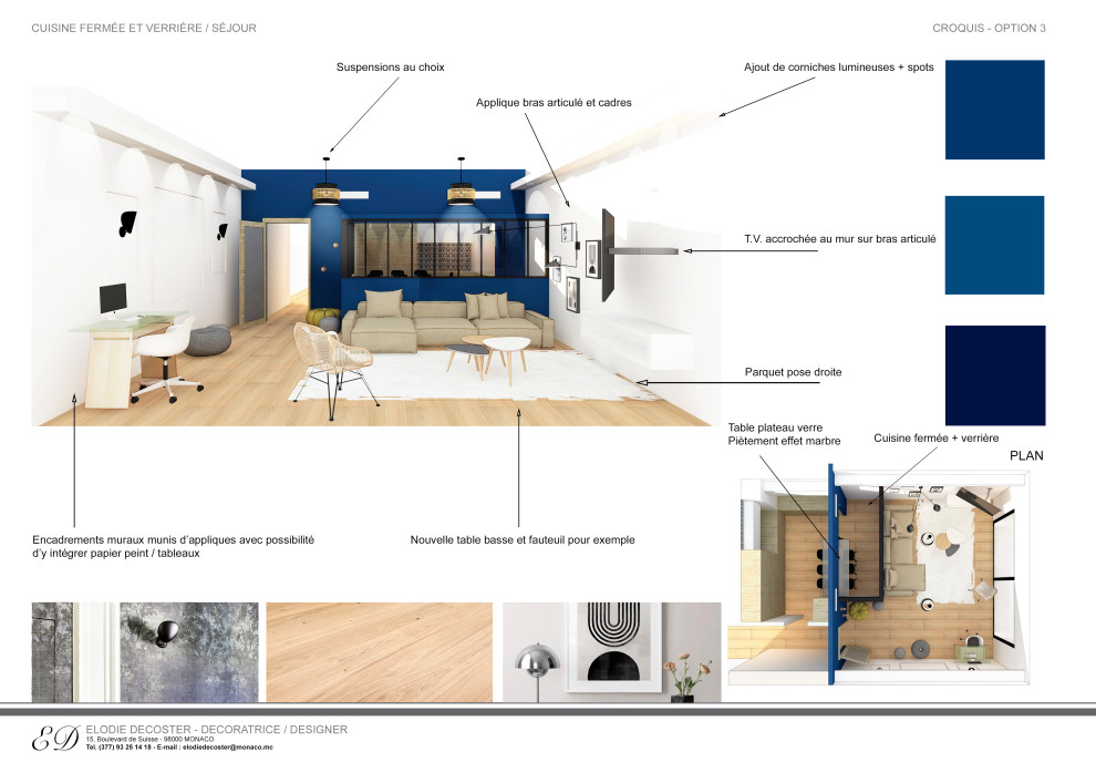 Bild på ett mellanstort funkis allrum med öppen planlösning, med blå väggar och ljust trägolv