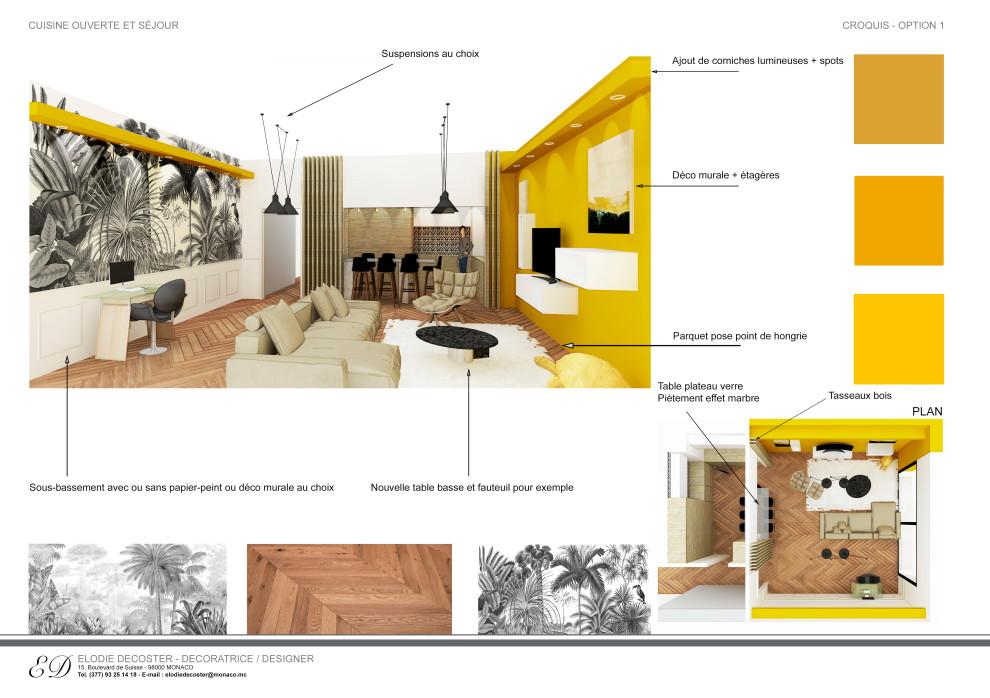 Esempio di un soggiorno moderno di medie dimensioni e aperto con pareti gialle, parquet chiaro e carta da parati