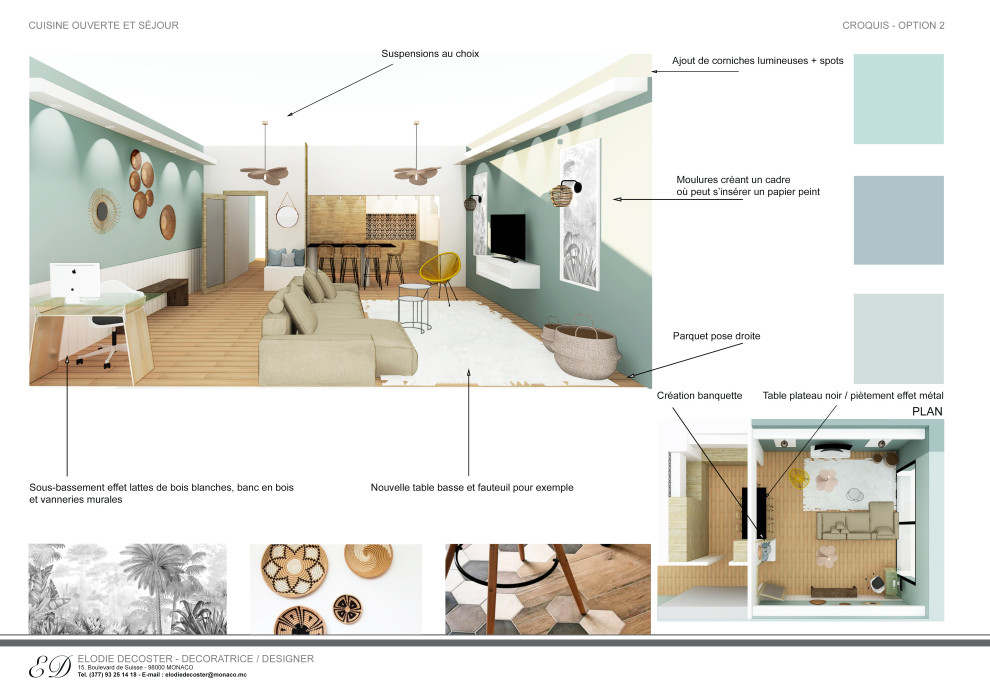 Modelo de sala de estar abierta minimalista de tamaño medio con paredes azules, suelo de madera clara y papel pintado