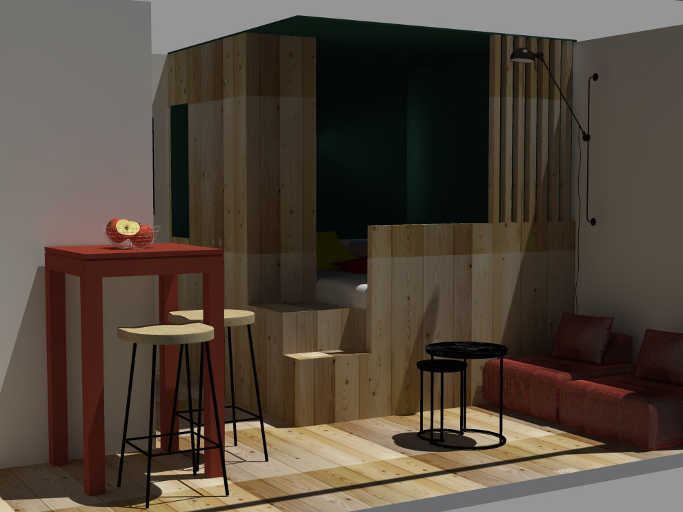 На фото: маленькая открытая гостиная комната в стиле рустика с зелеными стенами, светлым паркетным полом, скрытым телевизором и бежевым полом без камина для на участке и в саду с