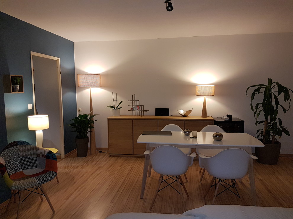 Ispirazione per un piccolo soggiorno contemporaneo aperto con pareti blu, pavimento in legno massello medio e pavimento marrone