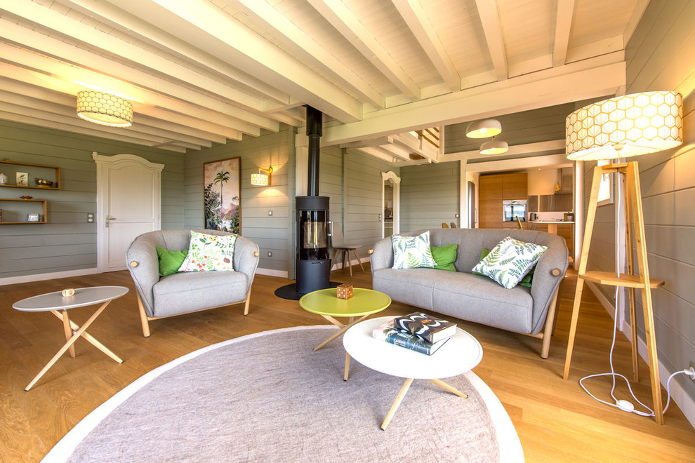 Großes, Offenes Nordisches Wohnzimmer mit grauer Wandfarbe, hellem Holzboden, Kaminofen und freistehendem TV in Lyon