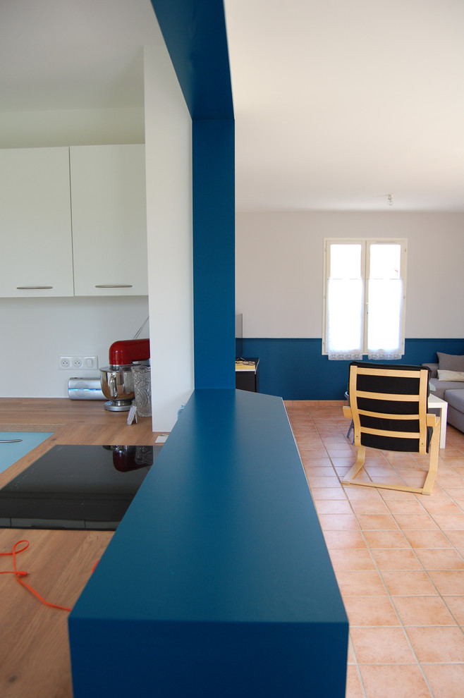 パリにあるお手頃価格の中くらいなカントリー風のおしゃれなオープンリビング (テラコッタタイルの床、オレンジの床、ホームバー、青い壁、暖炉なし) の写真