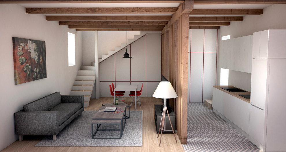 Diseño de sala de estar abierta actual de tamaño medio sin chimenea con paredes blancas, suelo de madera clara y televisor independiente