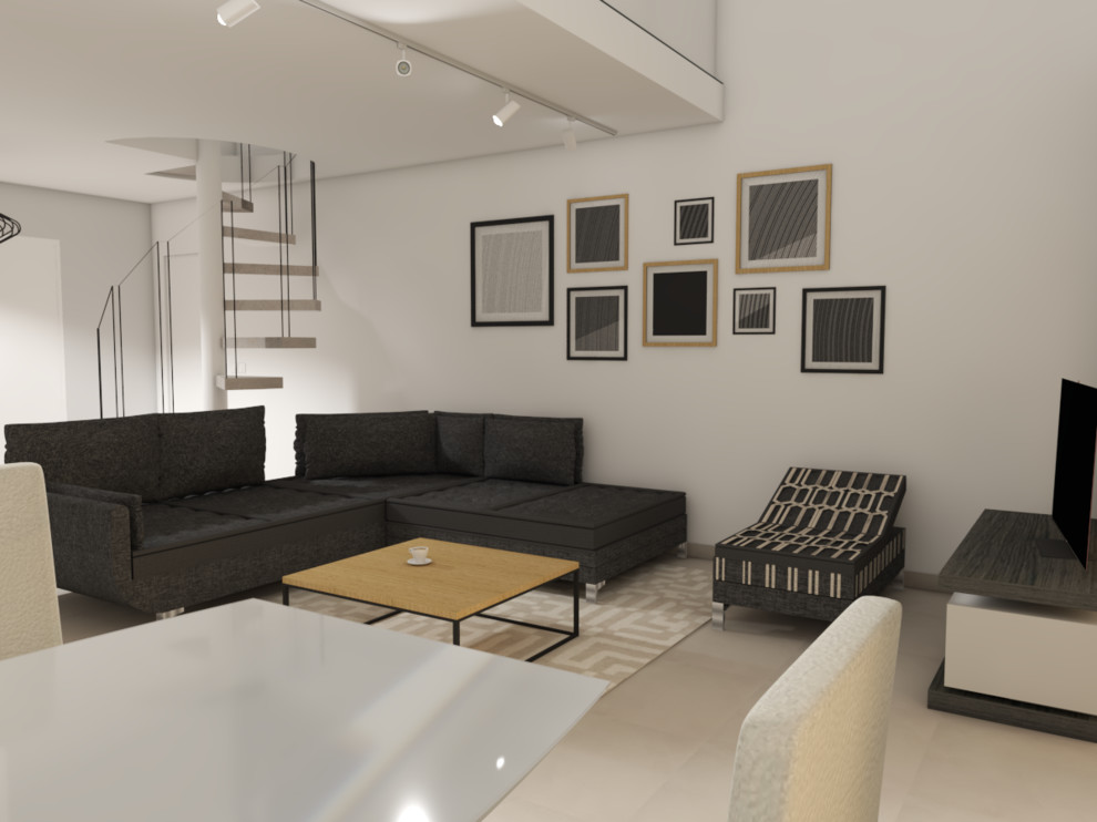 Cette image montre une salle de séjour design avec un mur blanc et un sol en carrelage de céramique.